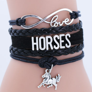 Infinity Leather Horse Charm Bracelet