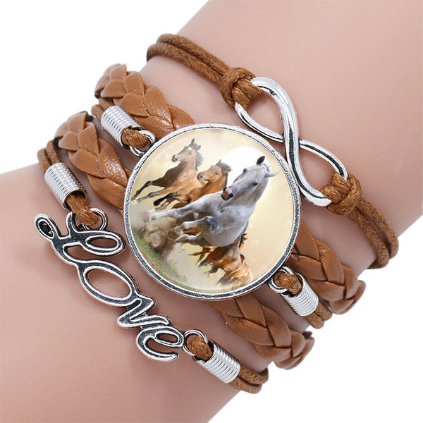 Infinity Leather Horse Charm Bracelet